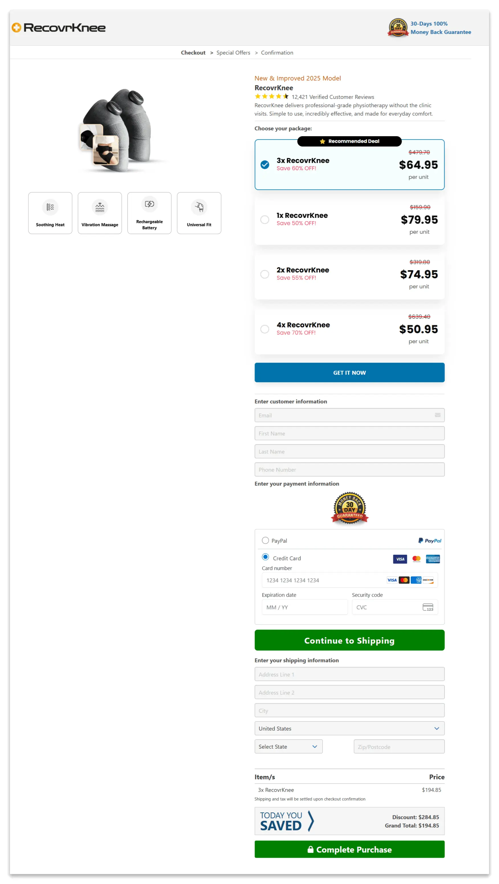 RecovrKnee secure checkout page